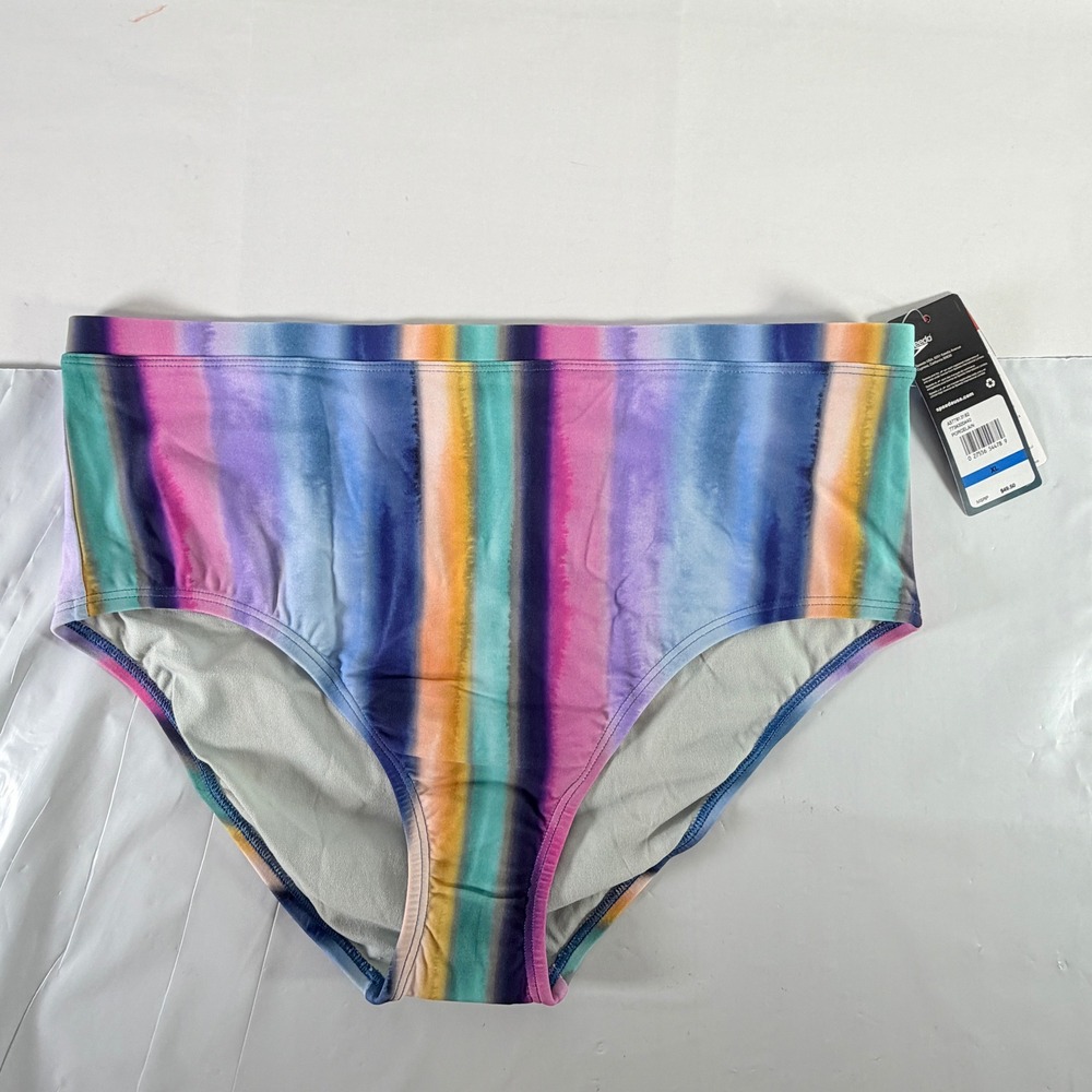 Speedo Porcelain High Waist Full Coverage Bikini Swim‎ Bottom Rainbow Stripe XL